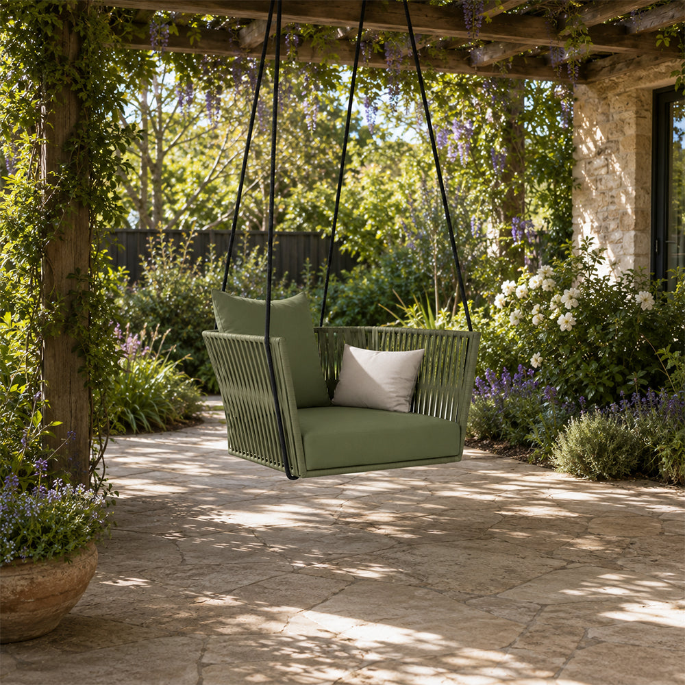 SOLARA Nordic Hanging Chair Hand-Woven Rope PE Rattan with Soft Cushion for Balcony Patio Garden - Green
