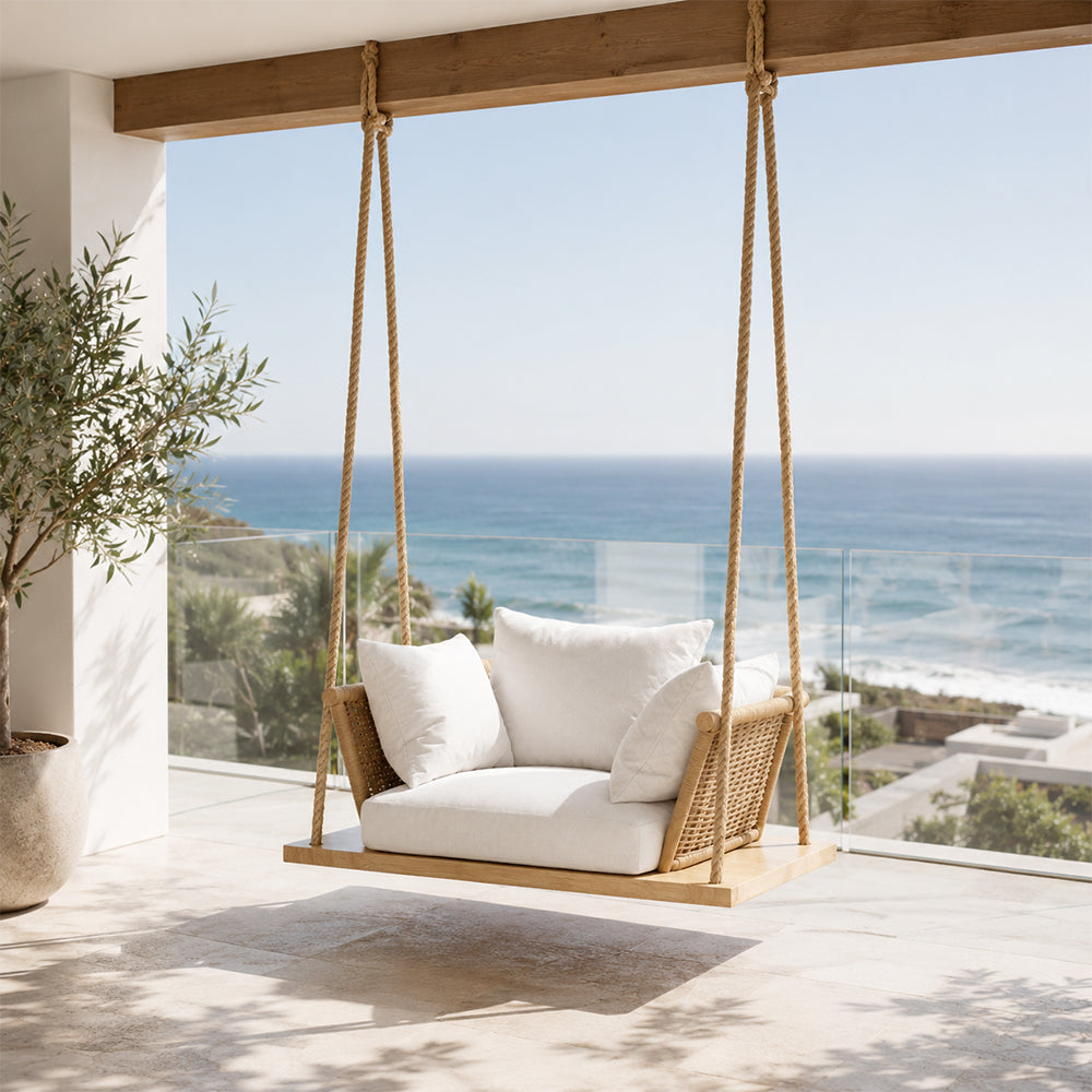SOLARA Nordic Hanging Chair Solid Wood Seat PE Rattan with Soft Cushion for Balcony Bedroom Patio - Wood