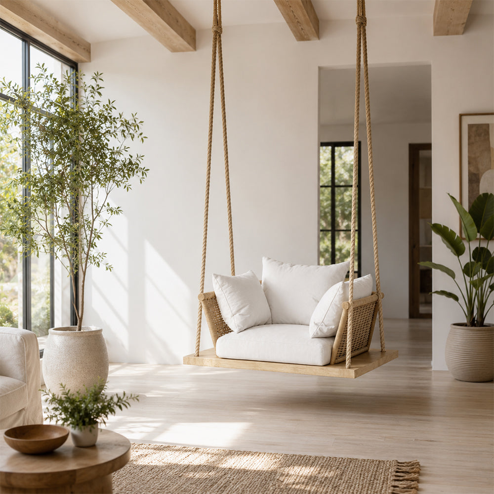 SOLARA Nordic Hanging Chair Solid Wood Seat PE Rattan with Soft Cushion for Balcony Bedroom Patio - Wood
