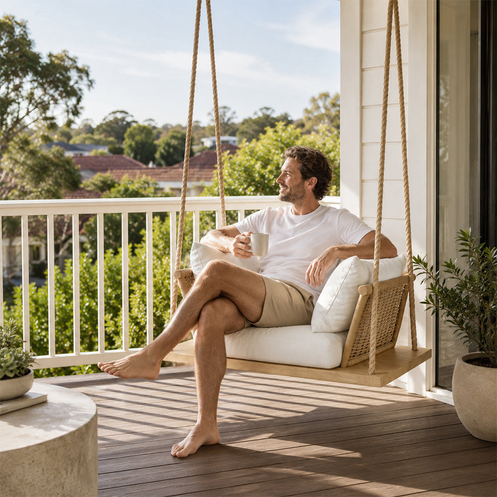 SOLARA Nordic Hanging Chair Solid Wood Seat PE Rattan with Soft Cushion for Balcony Bedroom Patio - Wood