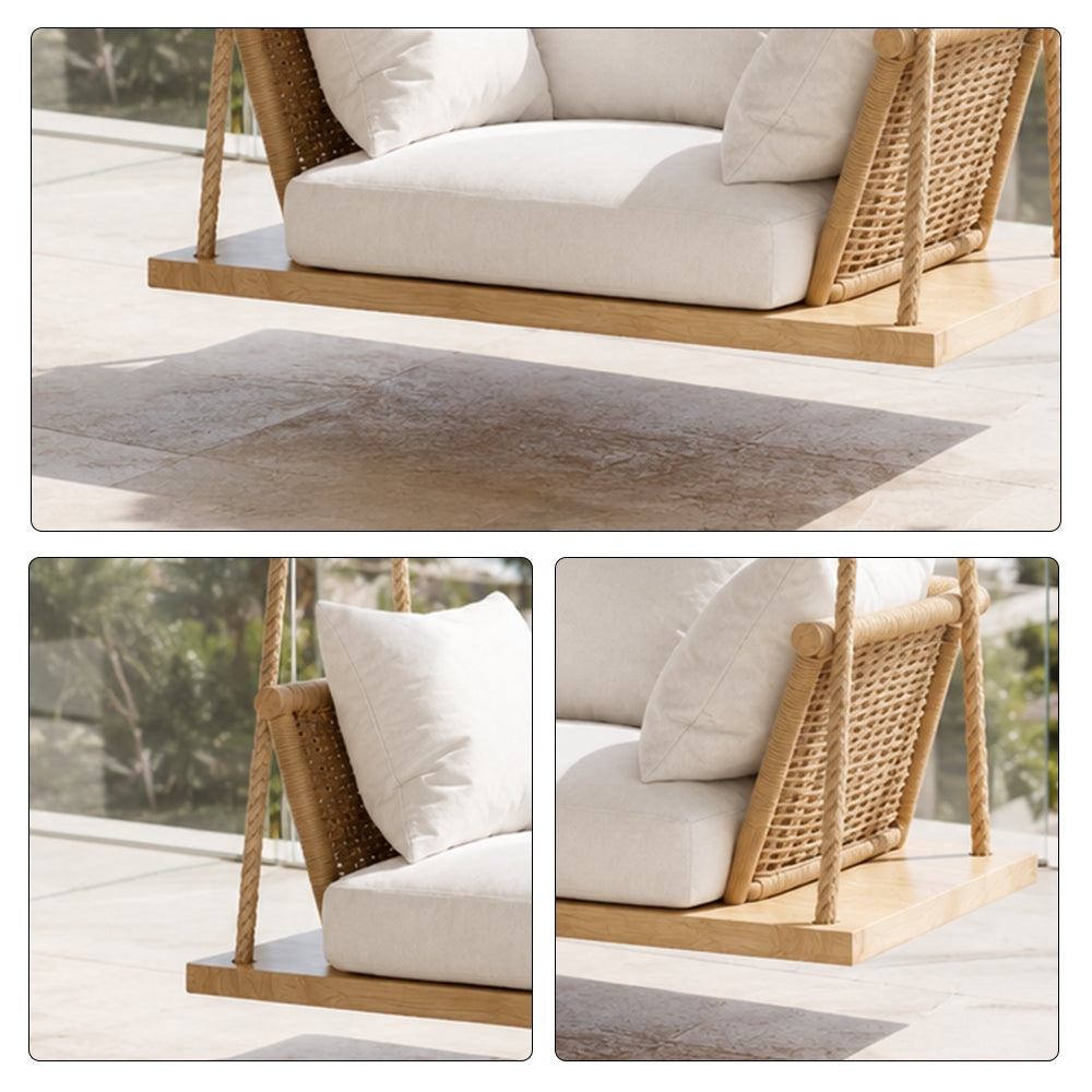 SOLARA Nordic Hanging Chair Solid Wood Seat PE Rattan with Soft Cushion for Balcony Bedroom Patio - Wood