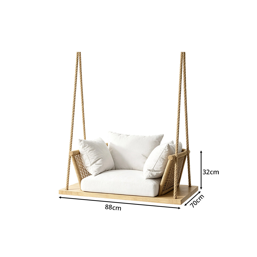 SOLARA Nordic Hanging Chair Solid Wood Seat PE Rattan with Soft Cushion for Balcony Bedroom Patio - Wood