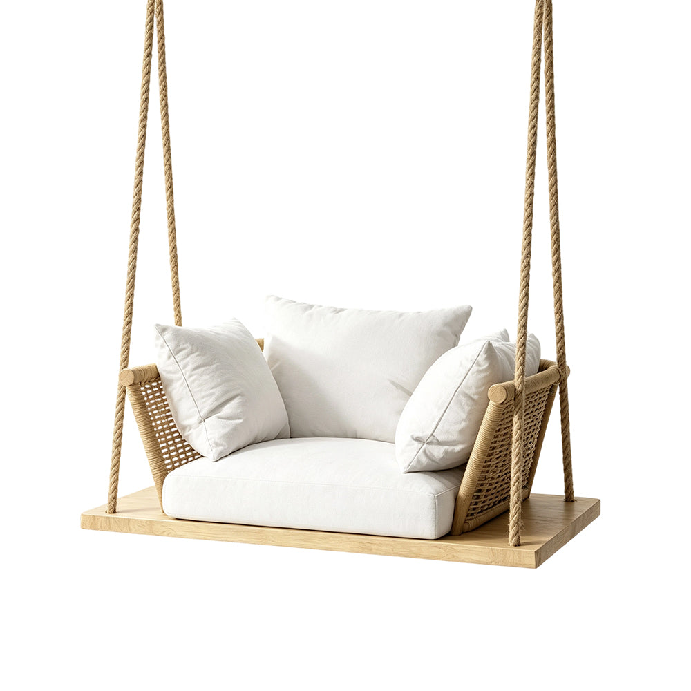 SOLARA Nordic Hanging Chair Solid Wood Seat PE Rattan with Soft Cushion for Balcony Bedroom Patio - Wood