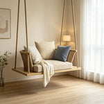 SOLARA Nordic Hanging Chair Solid Wood Seat PE Rattan with Soft Cushion for Balcony Bedroom Patio - Coffee
