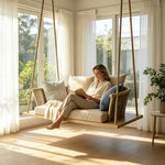 SOLARA Nordic Hanging Chair Solid Wood Seat PE Rattan with Soft Cushion for Balcony Bedroom Patio - Coffee