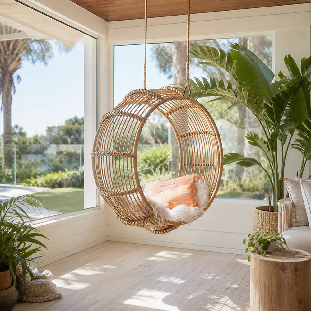 SOLARA Large Hanging Basket Chair Hand-Woven PE Rattan with Soft Cushion for Balcony Bedroom Patio Garden