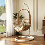SOLARA Single Hanging Egg Chair with Stand Hand-Woven PE Rattan Soft Cushion for Balcony Patio Garden - Wood