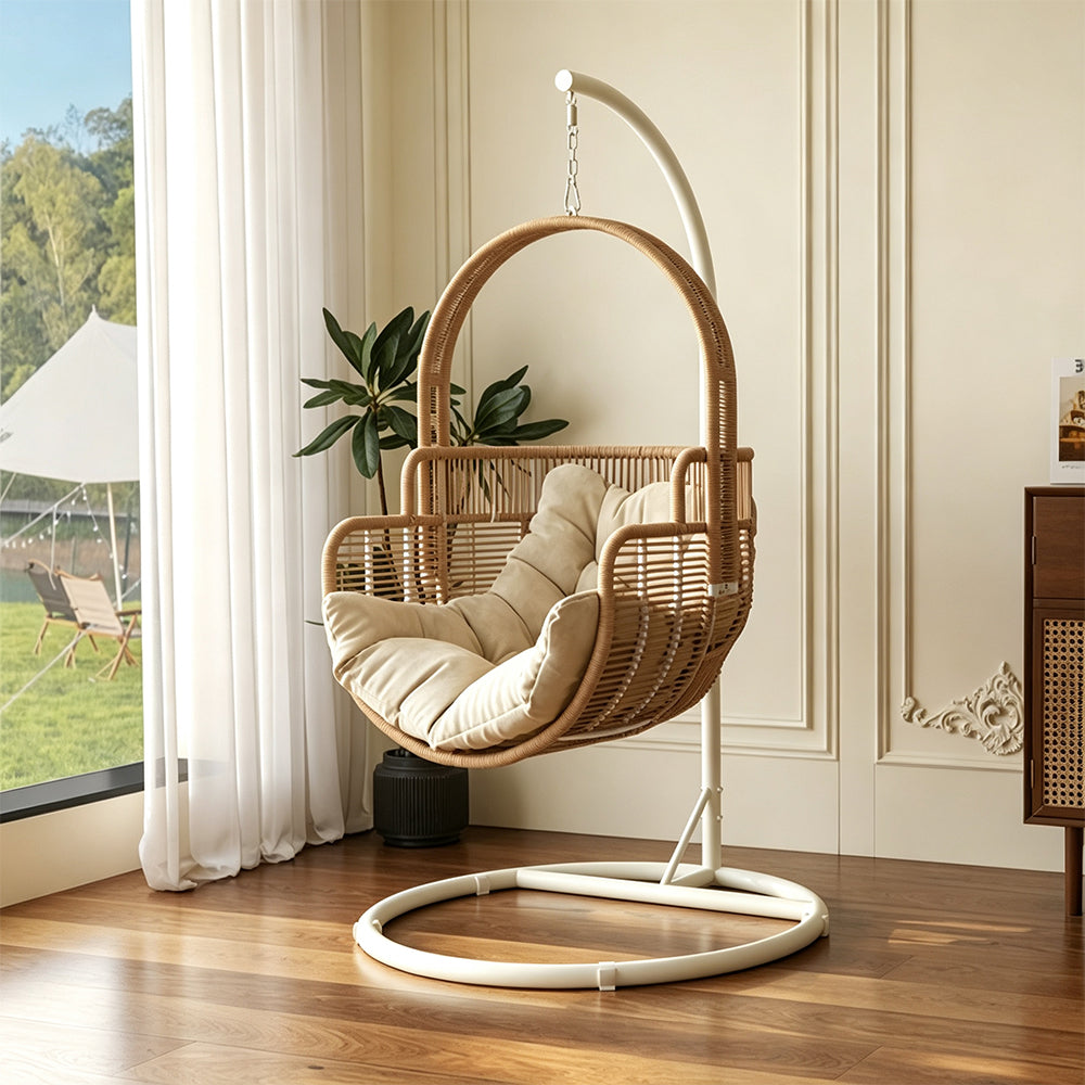 SOLARA Single Hanging Egg Chair with Stand Hand-Woven PE Rattan Soft Cushion for Balcony Patio Garden - Wood
