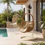 SOLARA Single Hanging Egg Chair with Stand Hand-Woven PE Rattan Soft Cushion for Balcony Patio Garden - Wood