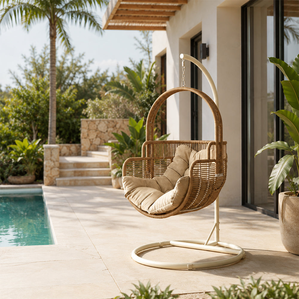 SOLARA Single Hanging Egg Chair with Stand Hand-Woven PE Rattan Soft Cushion for Balcony Patio Garden - Wood