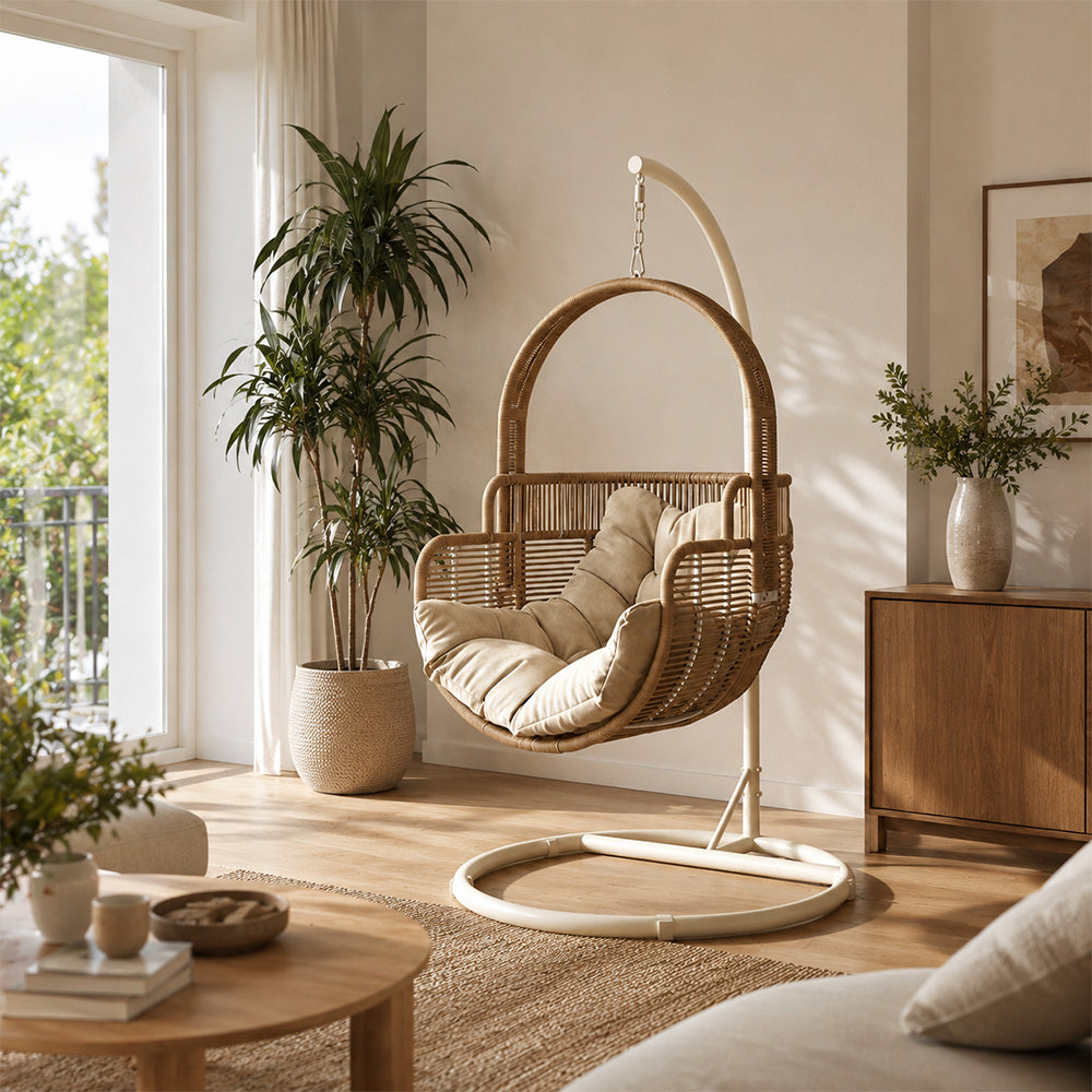 SOLARA Single Hanging Egg Chair with Stand Hand-Woven PE Rattan Soft Cushion for Balcony Patio Garden - Wood