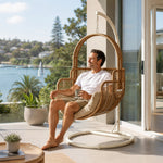 SOLARA Single Hanging Egg Chair with Stand Hand-Woven PE Rattan Soft Cushion for Balcony Patio Garden - Wood
