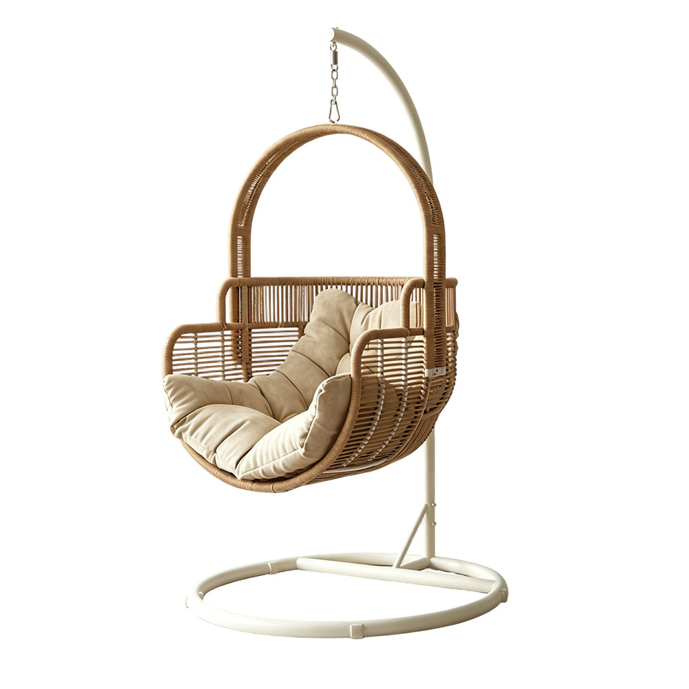 SOLARA Single Hanging Egg Chair with Stand Hand-Woven PE Rattan Soft Cushion for Balcony Patio Garden - Wood