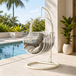 SOLARA Single Hanging Egg Chair with Stand Hand-Woven PE Rattan Soft Cushion for Balcony Patio Garden - White