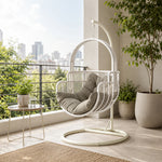 SOLARA Single Hanging Egg Chair with Stand Hand-Woven PE Rattan Soft Cushion for Balcony Patio Garden - White
