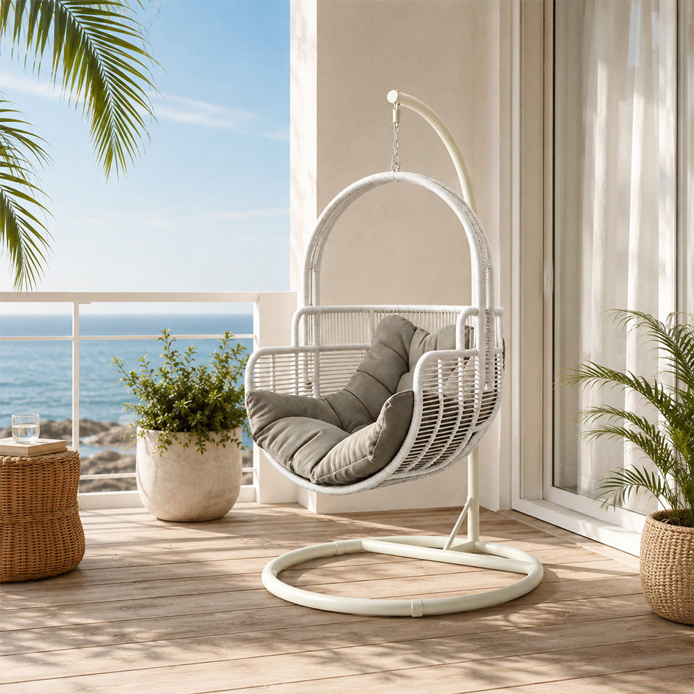 SOLARA Single Hanging Egg Chair with Stand Hand-Woven PE Rattan Soft Cushion for Balcony Patio Garden - White