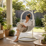 SOLARA Single Hanging Egg Chair with Stand Hand-Woven PE Rattan Soft Cushion for Balcony Patio Garden - White