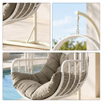 SOLARA Single Hanging Egg Chair with Stand Hand-Woven PE Rattan Soft Cushion for Balcony Patio Garden - White