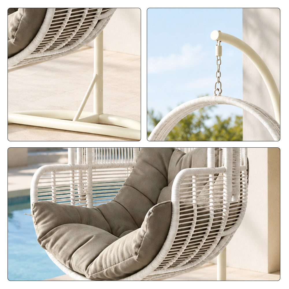 SOLARA Single Hanging Egg Chair with Stand Hand-Woven PE Rattan Soft Cushion for Balcony Patio Garden - White