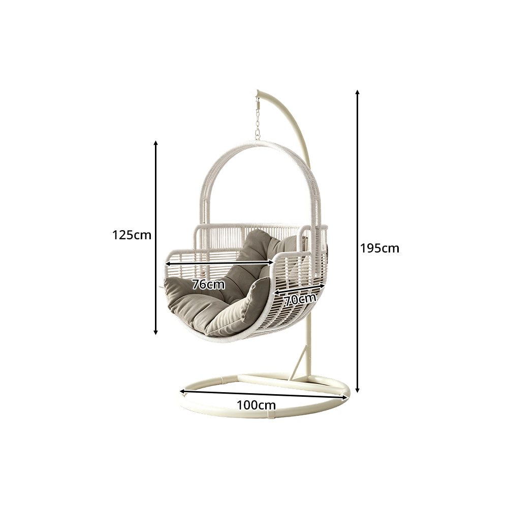 SOLARA Single Hanging Egg Chair with Stand Hand-Woven PE Rattan Soft Cushion for Balcony Patio Garden - White