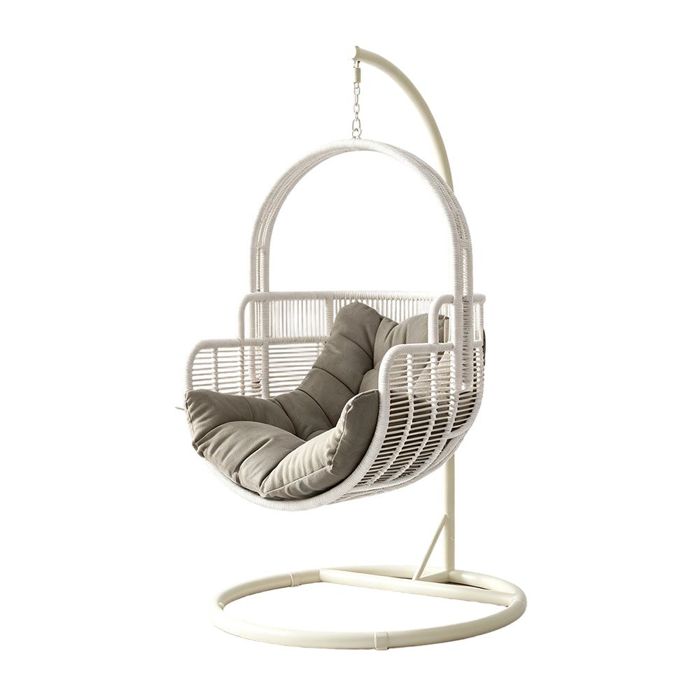SOLARA Single Hanging Egg Chair with Stand Hand-Woven PE Rattan Soft Cushion for Balcony Patio Garden - White
