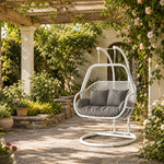 SOLARA Double Hanging Egg Chair with Stand Hand-Woven PE Rattan Soft Cushion for Balcony Patio Garden - White