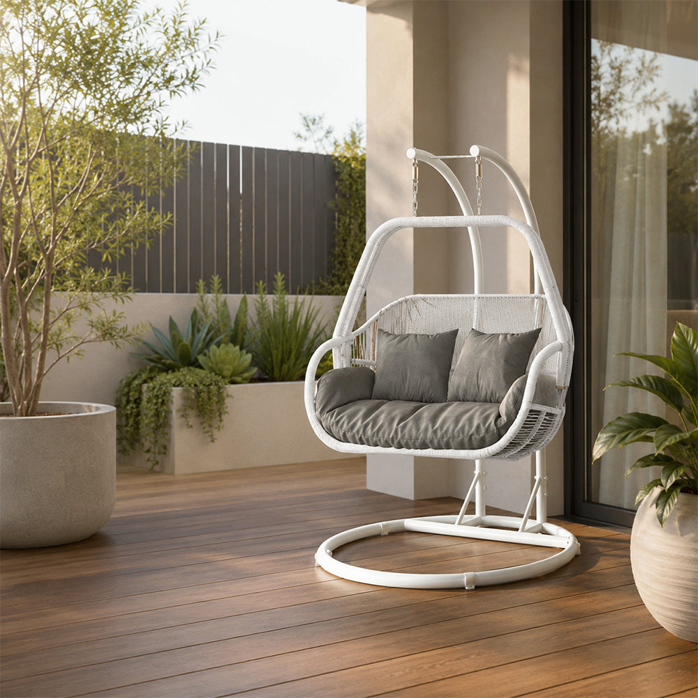 SOLARA Double Hanging Egg Chair with Stand Hand-Woven PE Rattan Soft Cushion for Balcony Patio Garden - White