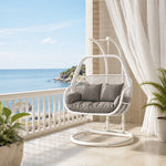 SOLARA Double Hanging Egg Chair with Stand Hand-Woven PE Rattan Soft Cushion for Balcony Patio Garden - White