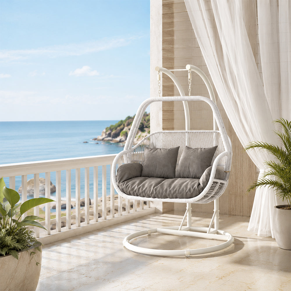 SOLARA Double Hanging Egg Chair with Stand Hand-Woven PE Rattan Soft Cushion for Balcony Patio Garden - White