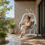 SOLARA Double Hanging Egg Chair with Stand Hand-Woven PE Rattan Soft Cushion for Balcony Patio Garden - White
