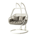 SOLARA Double Hanging Egg Chair with Stand Hand-Woven PE Rattan Soft Cushion for Balcony Patio Garden - White