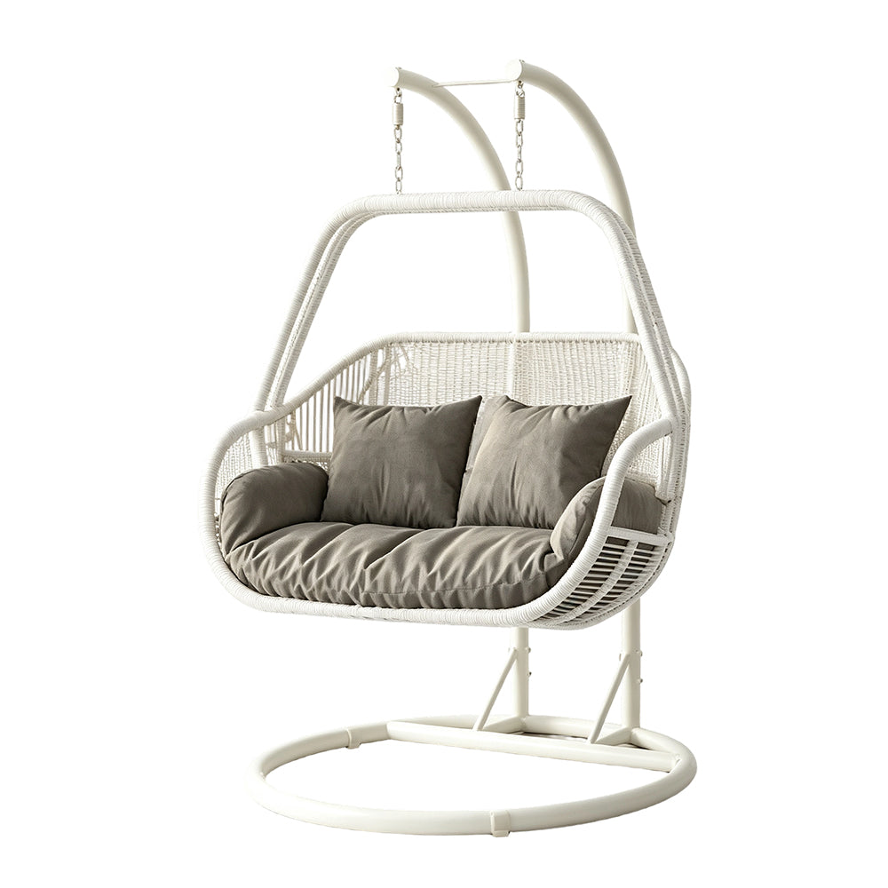 SOLARA Double Hanging Egg Chair with Stand Hand-Woven PE Rattan Soft Cushion for Balcony Patio Garden - White