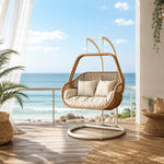 SOLARA Double Hanging Egg Chair with Stand Hand-Woven PE Rattan Soft Cushion for Balcony Patio Garden - Brown
