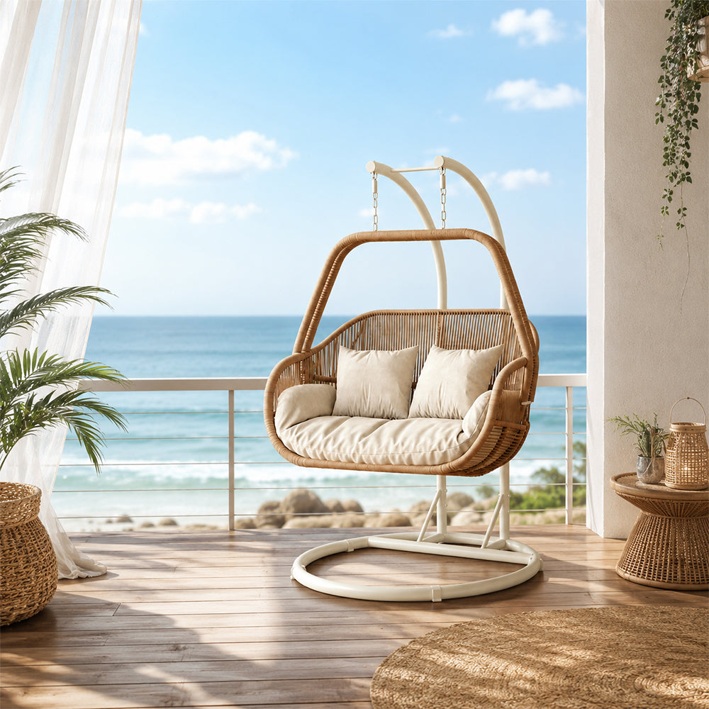 SOLARA Double Hanging Egg Chair with Stand Hand-Woven PE Rattan Soft Cushion for Balcony Patio Garden - Brown