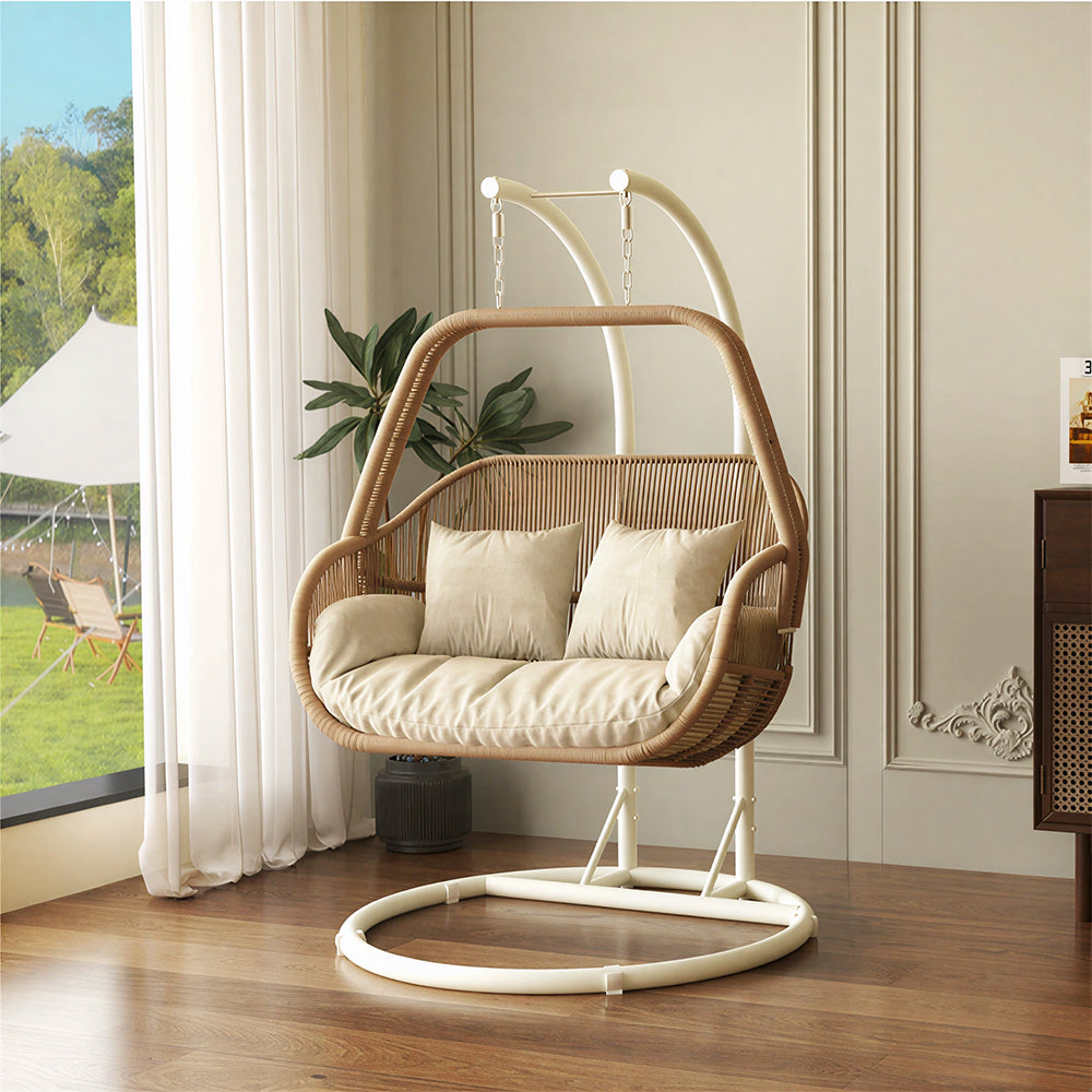 SOLARA Double Hanging Egg Chair with Stand Hand-Woven PE Rattan Soft Cushion for Balcony Patio Garden - Brown
