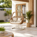 SOLARA Double Hanging Egg Chair with Stand Hand-Woven PE Rattan Soft Cushion for Balcony Patio Garden - Brown