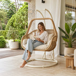 SOLARA Double Hanging Egg Chair with Stand Hand-Woven PE Rattan Soft Cushion for Balcony Patio Garden - Brown