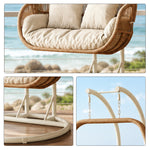 SOLARA Double Hanging Egg Chair with Stand Hand-Woven PE Rattan Soft Cushion for Balcony Patio Garden - Brown