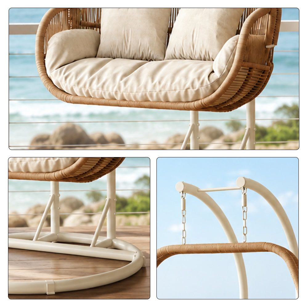 SOLARA Double Hanging Egg Chair with Stand Hand-Woven PE Rattan Soft Cushion for Balcony Patio Garden - Brown