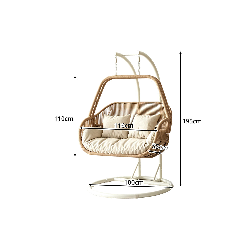 SOLARA Double Hanging Egg Chair with Stand Hand-Woven PE Rattan Soft Cushion for Balcony Patio Garden - Brown