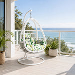 SOLARA Single Rattan Hanging Chair with Stable Base Double Chain and Thick Cushion for Indoor Outdoor Use - White