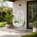 SOLARA Single Rattan Hanging Chair with Stable Base Double Chain and Thick Cushion for Indoor Outdoor Use - White
