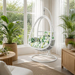 SOLARA Single Rattan Hanging Chair with Stable Base Double Chain and Thick Cushion for Indoor Outdoor Use - White