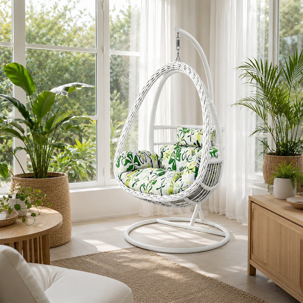 SOLARA Single Rattan Hanging Chair with Stable Base Double Chain and Thick Cushion for Indoor Outdoor Use - White
