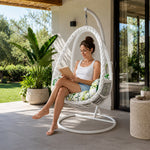 SOLARA Single Rattan Hanging Chair with Stable Base Double Chain and Thick Cushion for Indoor Outdoor Use - White