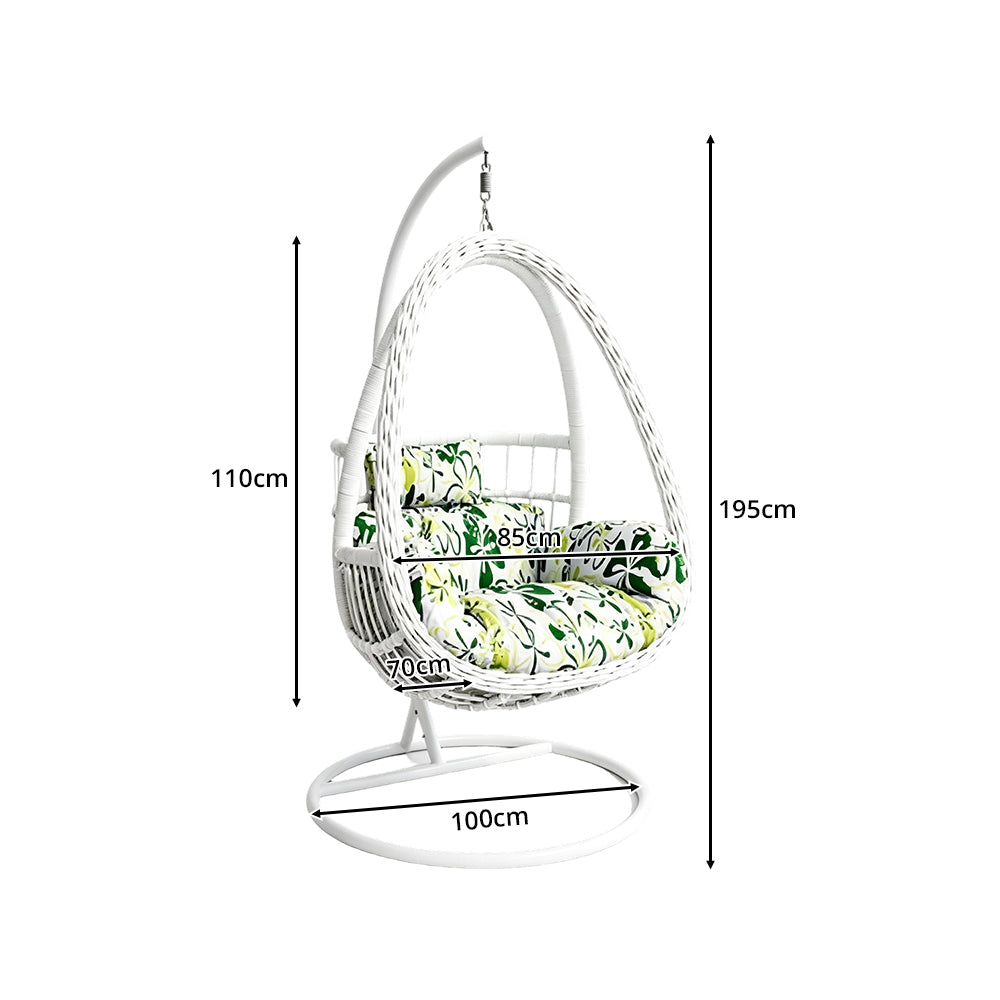 SOLARA Single Rattan Hanging Chair with Stable Base Double Chain and Thick Cushion for Indoor Outdoor Use - White