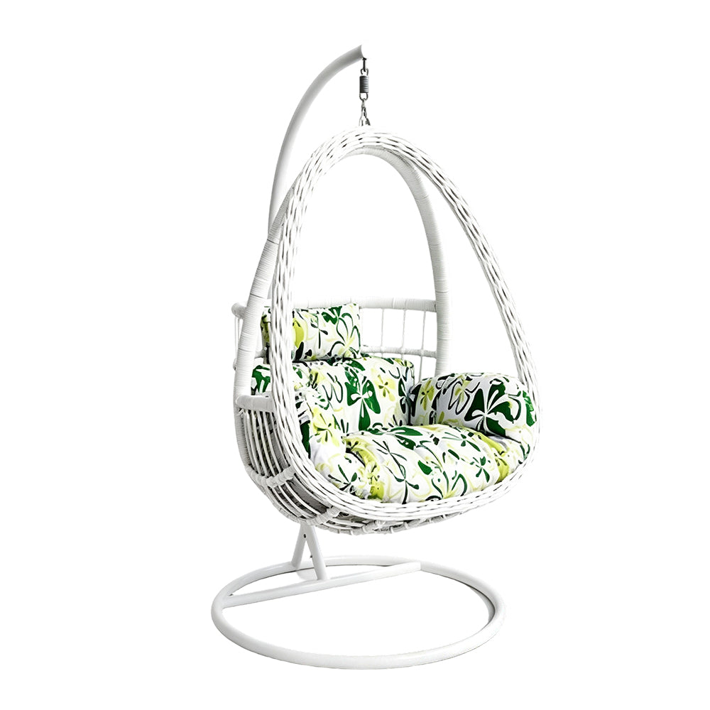 SOLARA Single Rattan Hanging Chair with Stable Base Double Chain and Thick Cushion for Indoor Outdoor Use - White