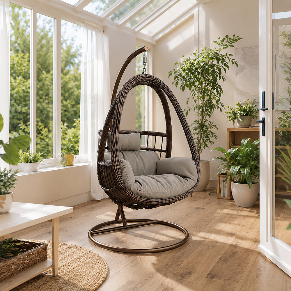 SOLARA Single Rattan Hanging Chair with Stable Base Double Chain and Thick Cushion for Indoor Outdoor Use - Black
