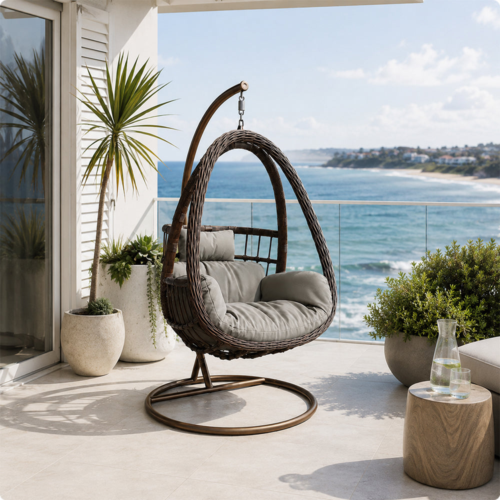 SOLARA Single Rattan Hanging Chair with Stable Base Double Chain and Thick Cushion for Indoor Outdoor Use - Black