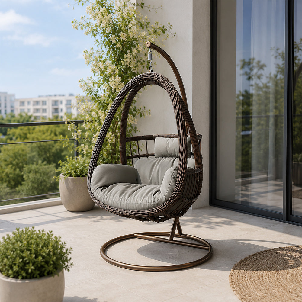 SOLARA Single Rattan Hanging Chair with Stable Base Double Chain and Thick Cushion for Indoor Outdoor Use - Black